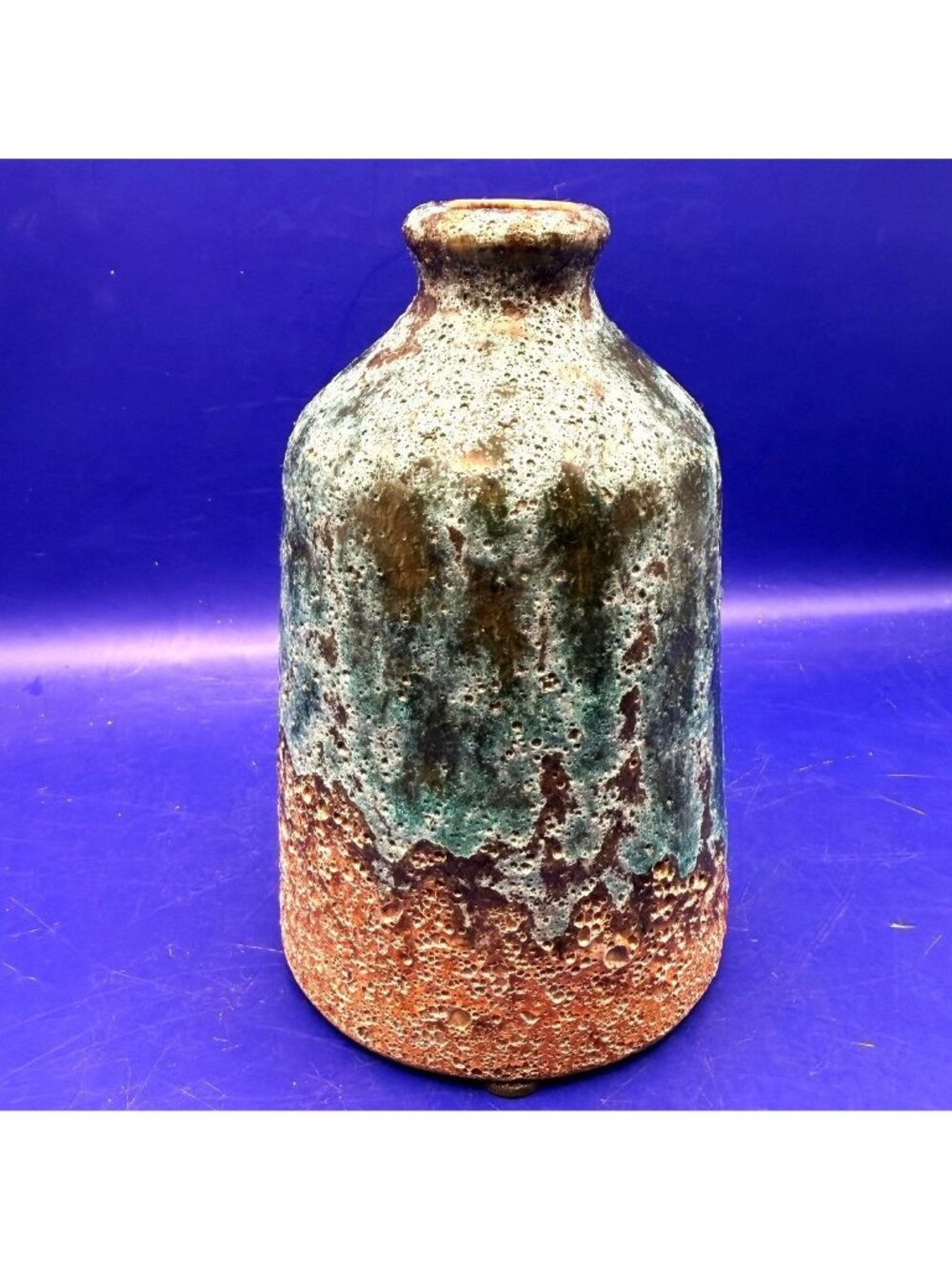 Rustic Lava Glaze Bud Vase Teal Brown Studio Art Pottery Bottle Shape VTG Boho